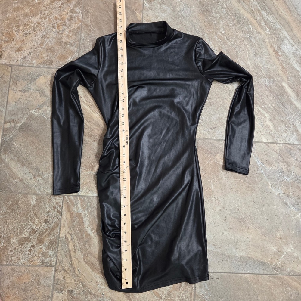 Black Faux Leather Mock Neck Ruched Long Sleeve Bodycon Mini Dress Womens S - Picture 3 of 6